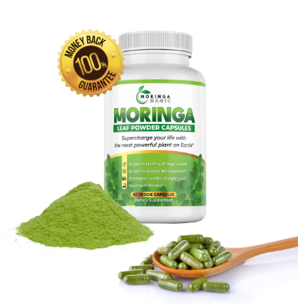 Moringa Magic bottle with moringa powder and capsules, 100% money-back guarantee seal